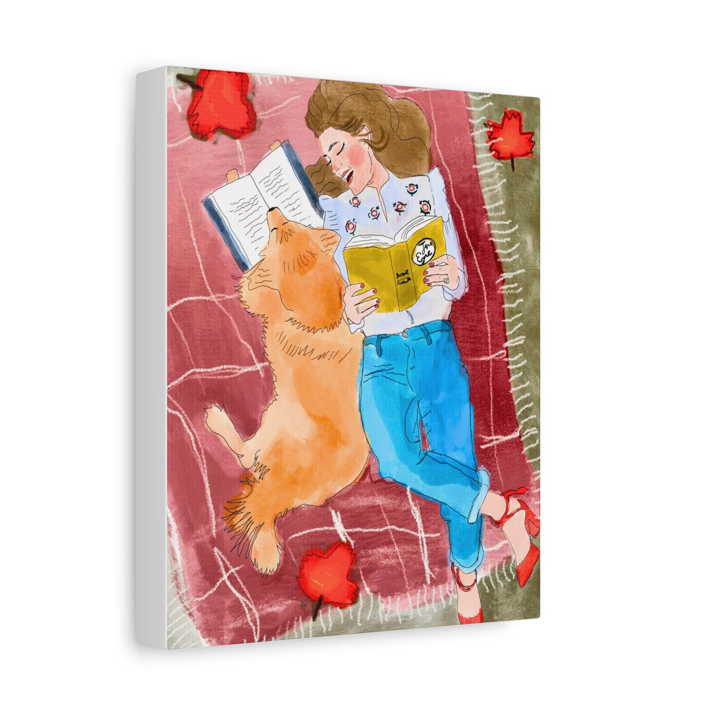 Reading With My Dog - Cozy Moments Watercolour Art PrintArt Print Matte Canvas, 3 Sizes Available