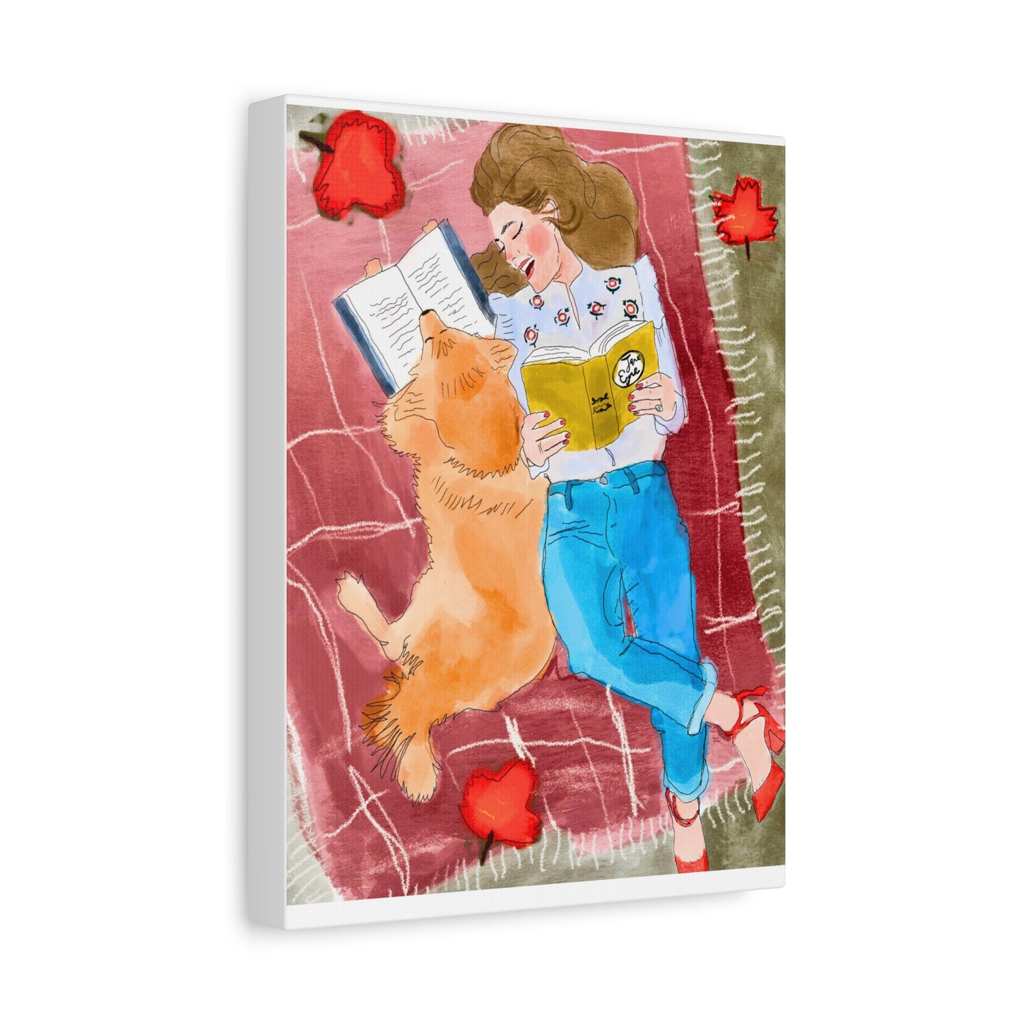 Reading With My Dog - Cozy Moments Watercolour Art PrintArt Print Matte Canvas, 3 Sizes Available