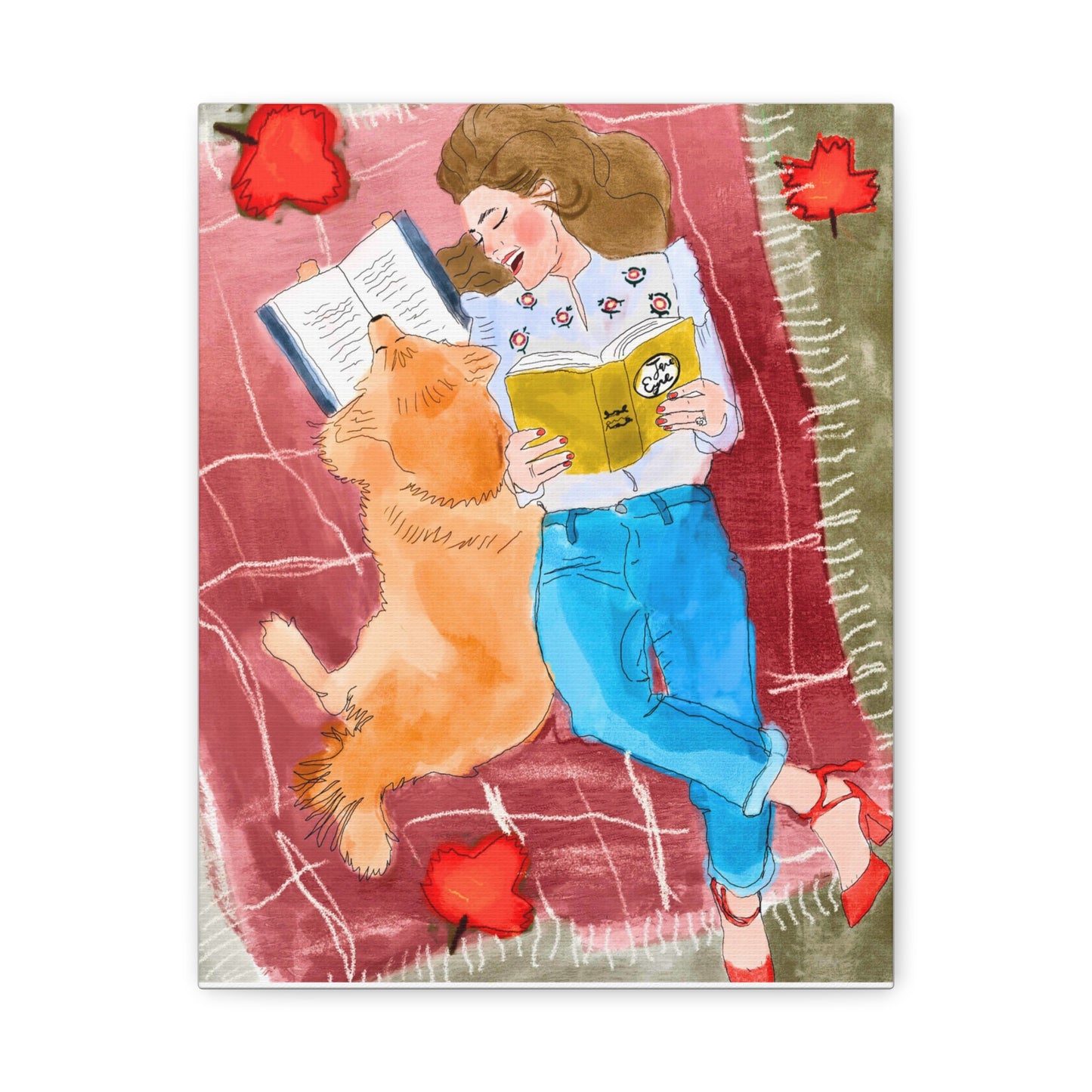 Reading With My Dog - Cozy Moments Watercolour Art PrintArt Print Matte Canvas, 3 Sizes Available