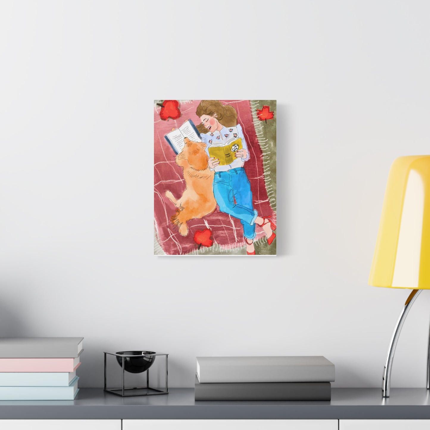 Reading With My Dog - Cozy Moments Watercolour Art PrintArt Print Matte Canvas, 3 Sizes Available