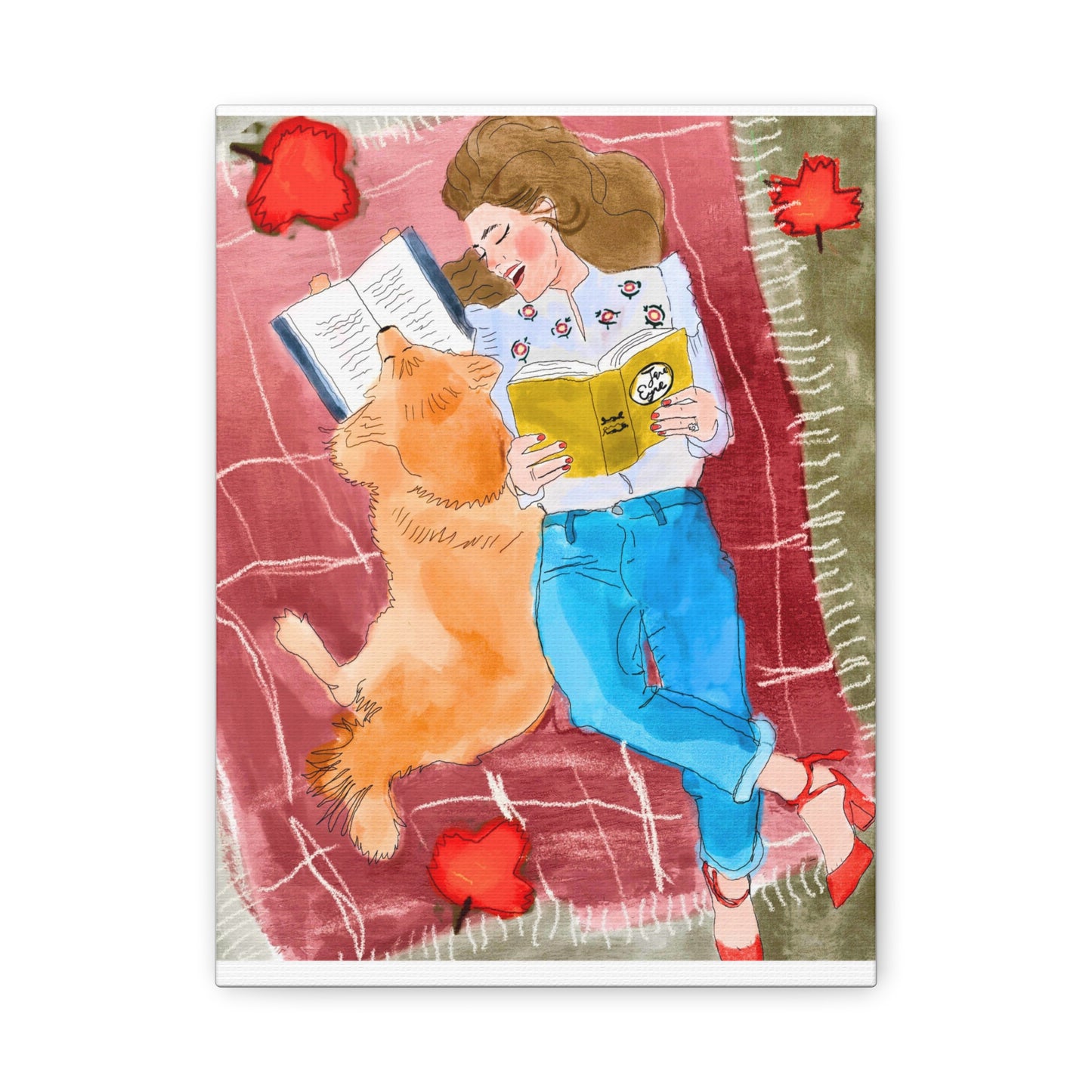 Reading With My Dog - Cozy Moments Watercolour Art PrintArt Print Matte Canvas, 3 Sizes Available