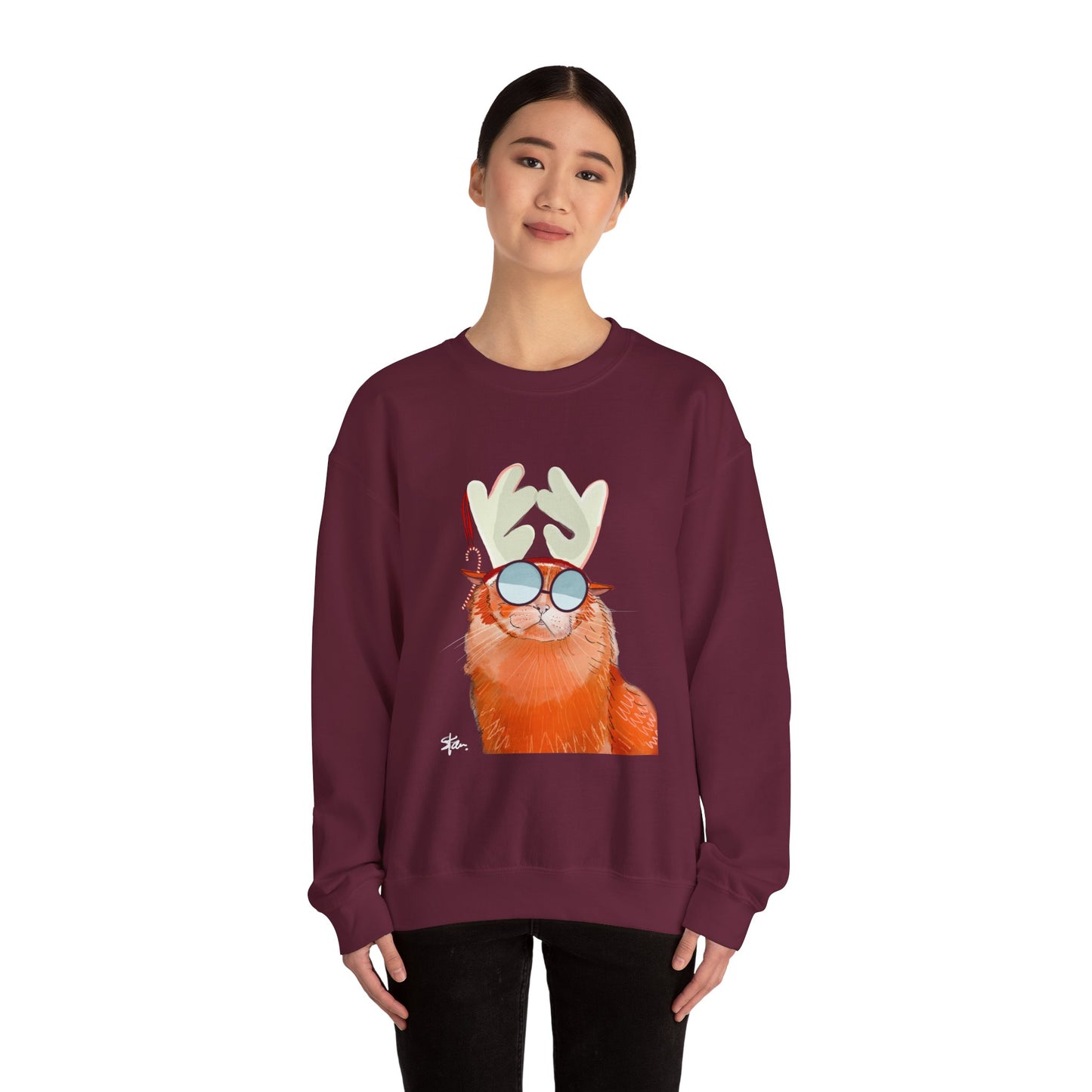 Crewneck Sweatshirt - Cool Cat Christmas Hipster Holiday Cat Lover Gift