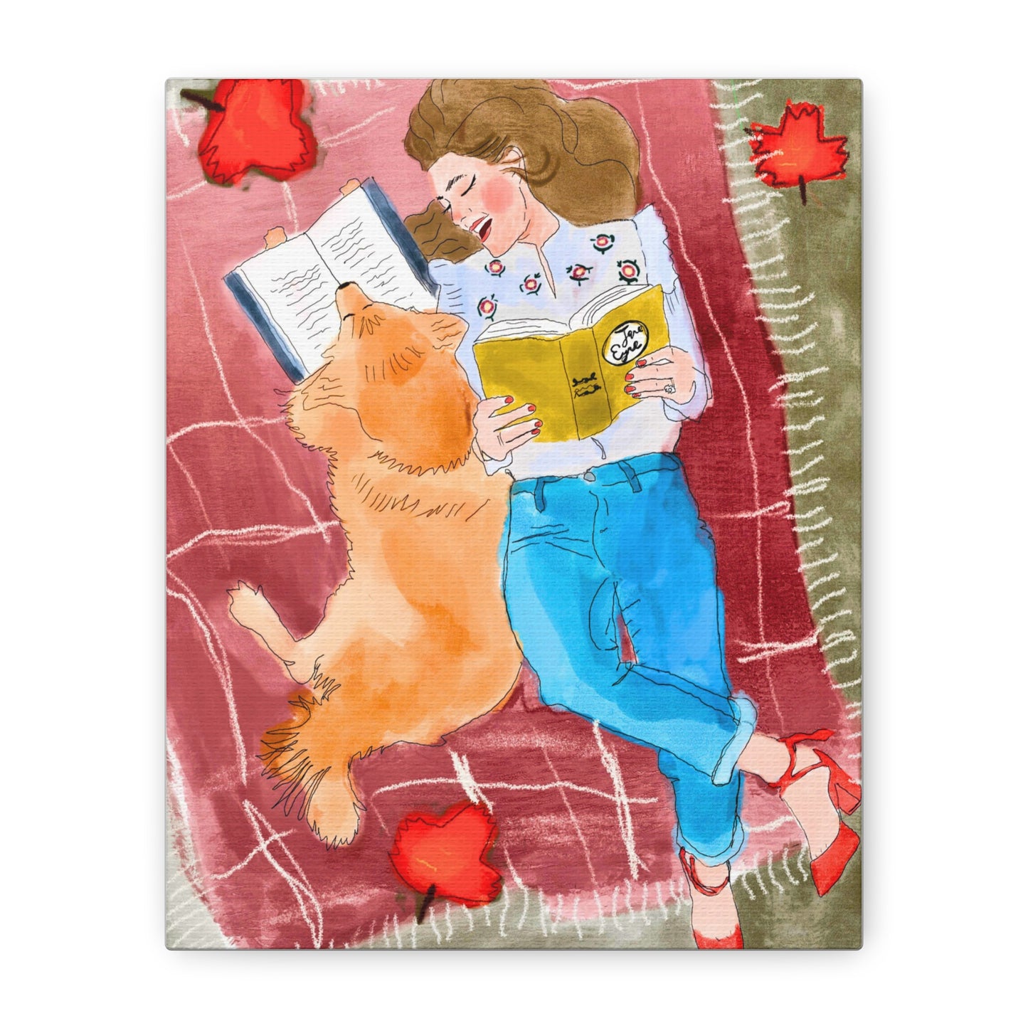 Reading With My Dog - Cozy Moments Watercolour Art PrintArt Print Matte Canvas, 3 Sizes Available