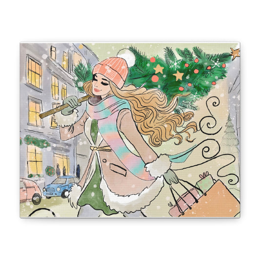 Winter Shopping Bliss - Watercolor Fashion Illustration Art Print Matte Canvas, 3 Sizes Available