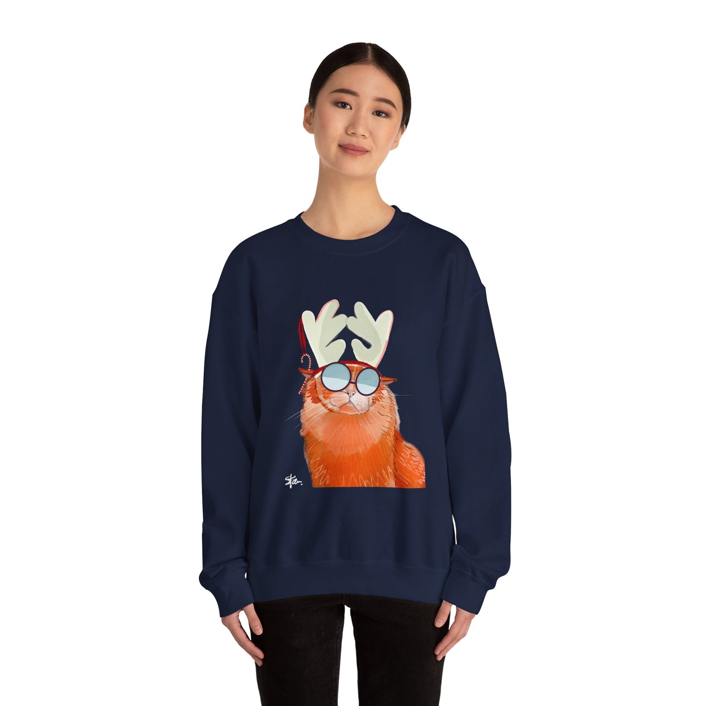 Crewneck Sweatshirt - Cool Cat Christmas Hipster Holiday Cat Lover Gift