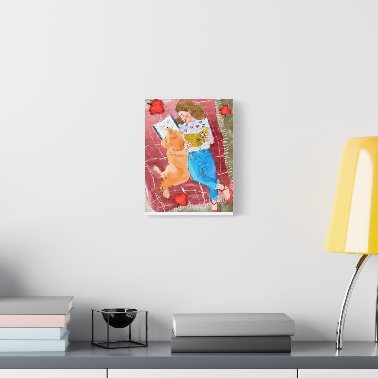 Reading With My Dog - Cozy Moments Watercolour Art PrintArt Print Matte Canvas, 3 Sizes Available