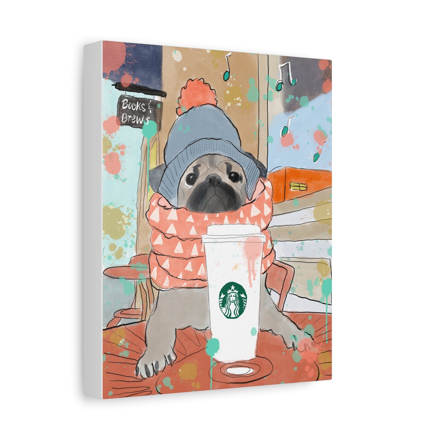 Canvas Print Books & Brews Pug Whimsical Illustration Coffee Shop Vibes