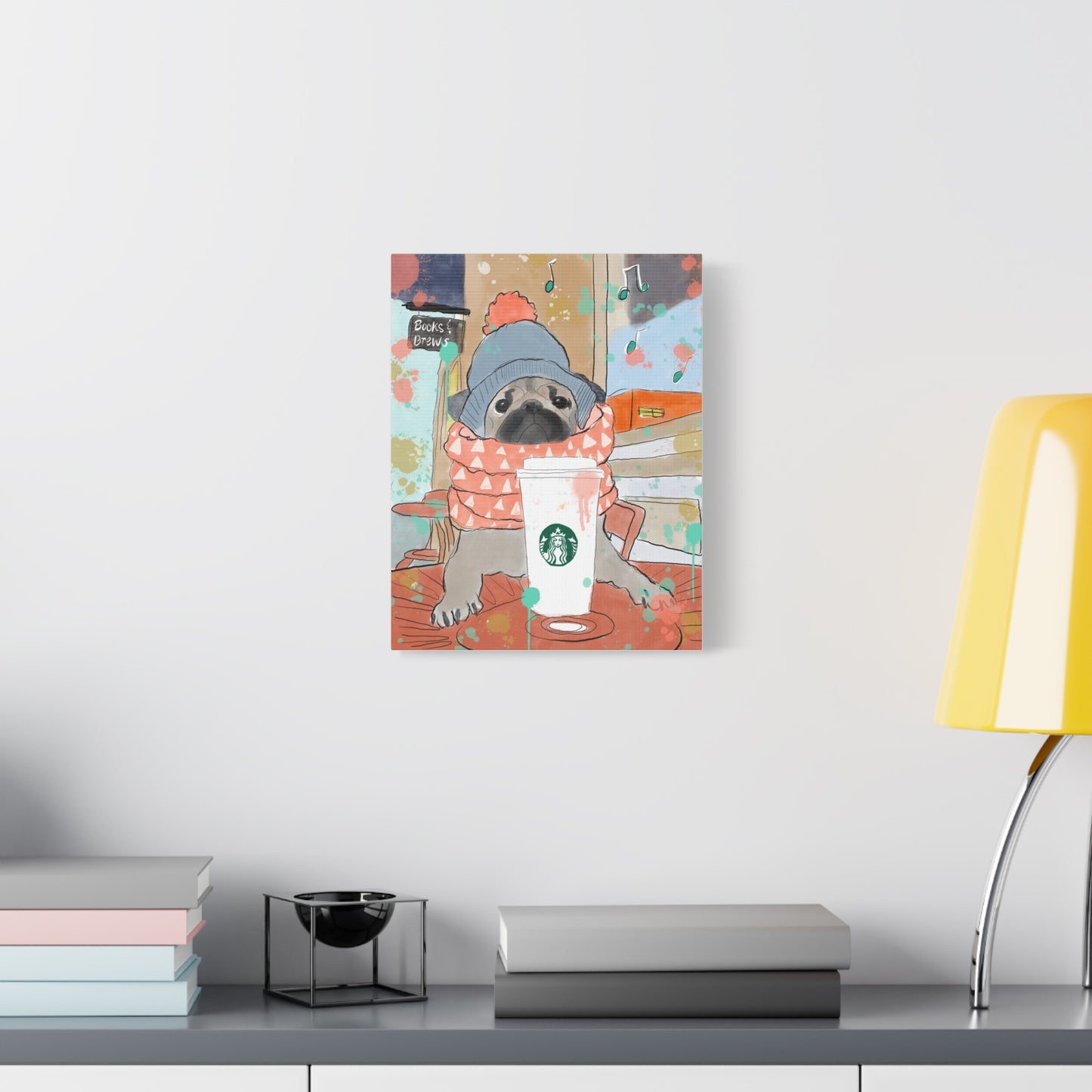 Canvas Print Books & Brews Pug Whimsical Illustration Coffee Shop Vibes