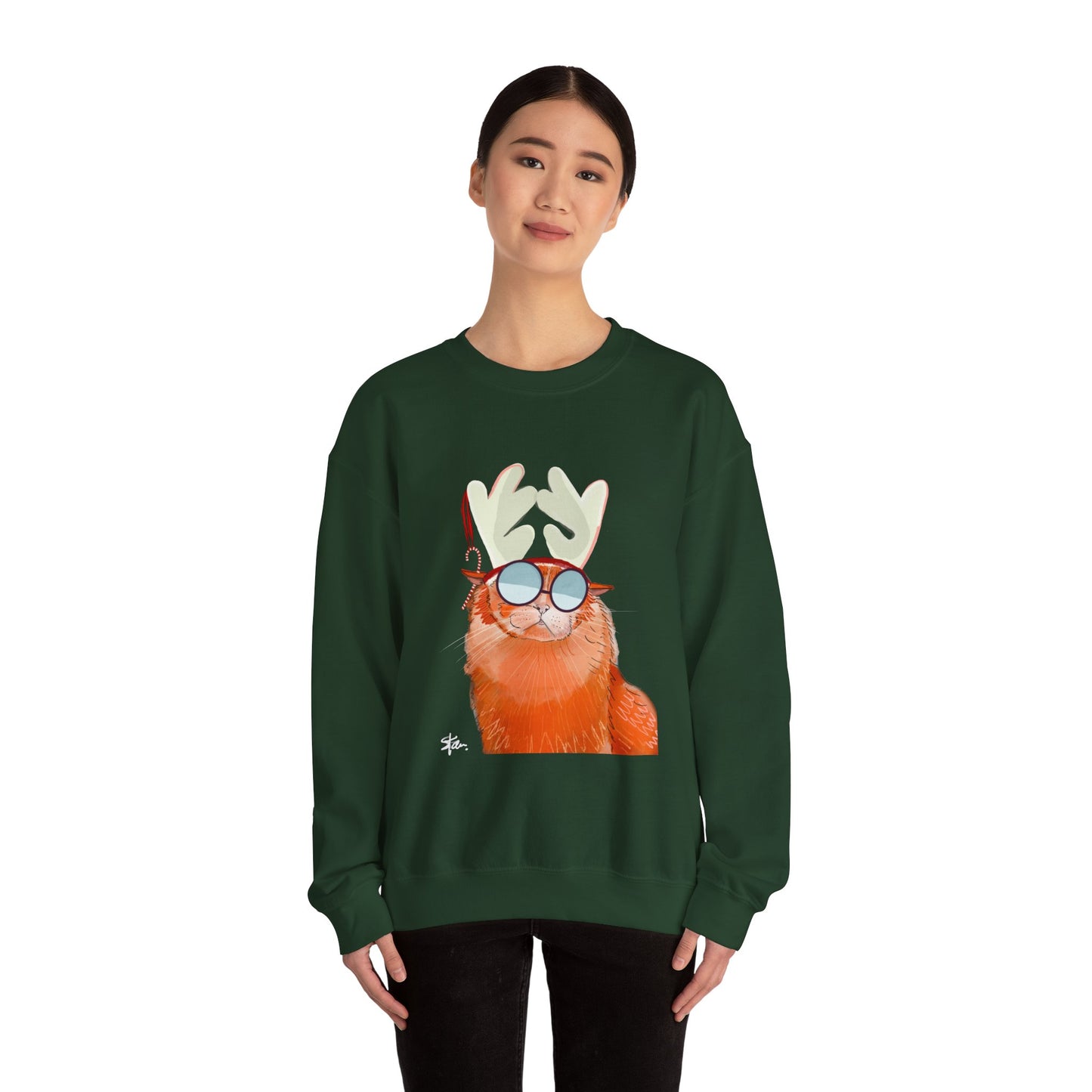 Crewneck Sweatshirt - Cool Cat Christmas Hipster Holiday Cat Lover Gift