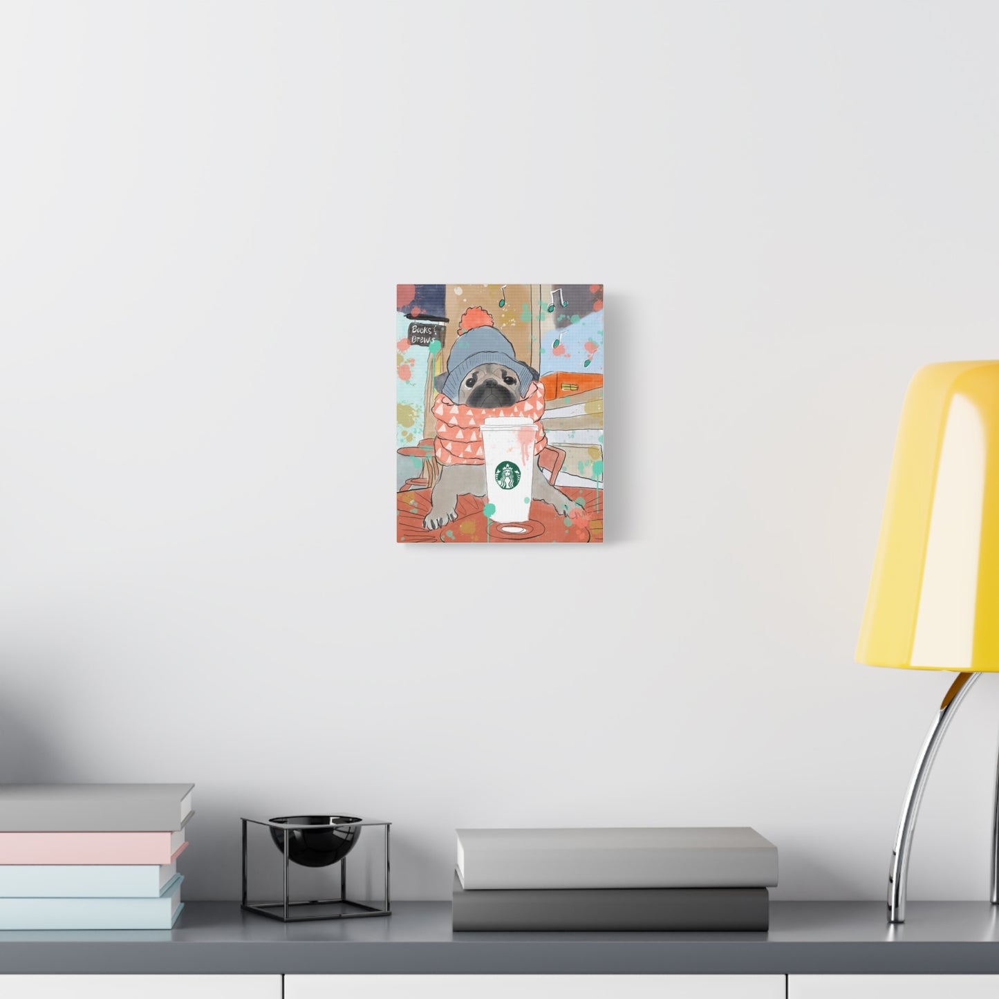 Canvas Print Books & Brews Pug Whimsical Illustration Coffee Shop Vibes