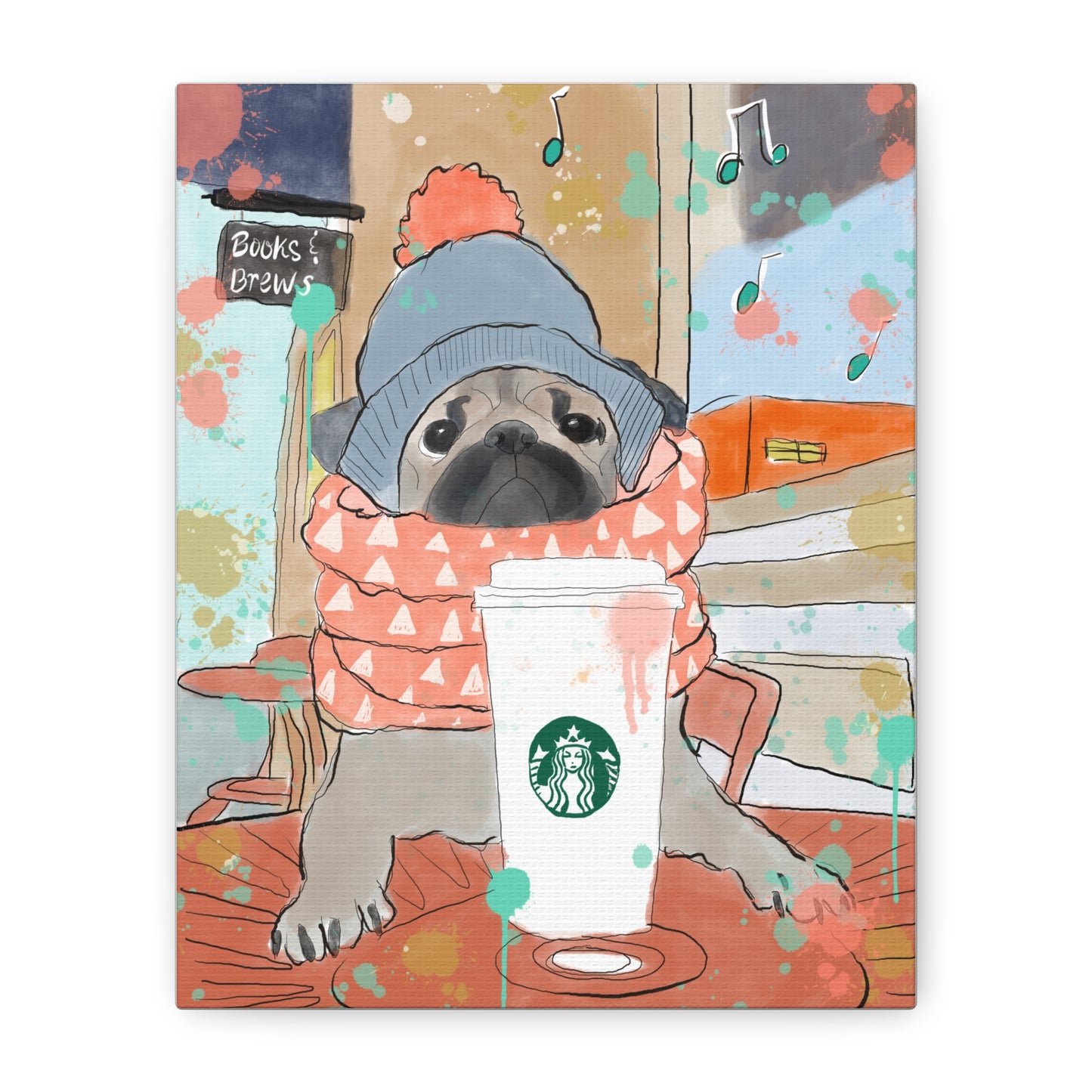 Canvas Print Books & Brews Pug Whimsical Illustration Coffee Shop Vibes