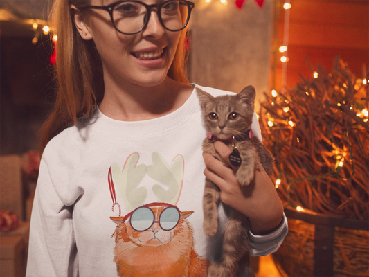 Crewneck Sweatshirt - Cool Cat Christmas Hipster Holiday Cat Lover Gift